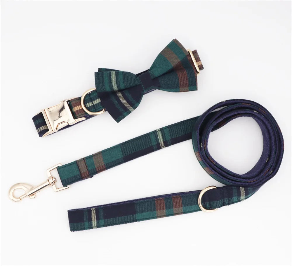 Tweed Tartan Dog Collar Bow Tie Leash Matching Harness,Poo Bag,Coat Pet Accessories