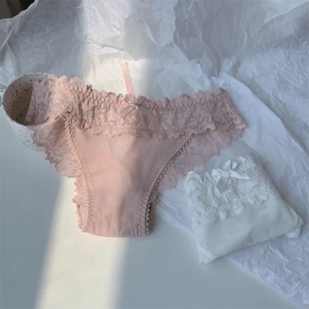 Lingerie Bow Lace Flower Panties Seamless Low Waist Lace Mesh Briefs Transparent Lace-up Briefs Girl