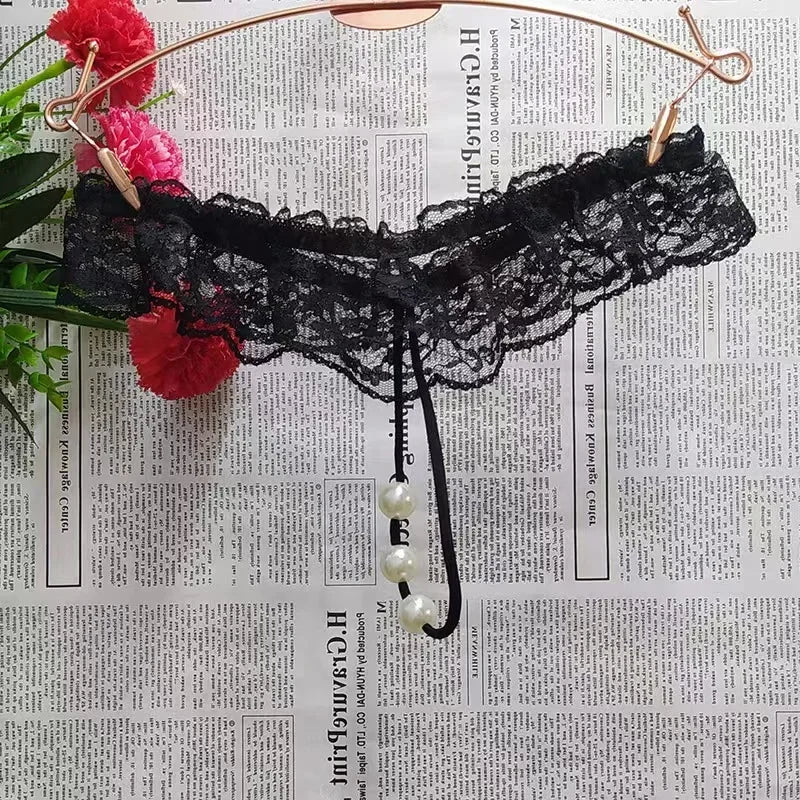 Lingeries Sexy G-String Women's Thongs Sexy Pearl Beaded Pantiesr for Women Low Waist T Shaped Crotchless Woman Lace Lingerie