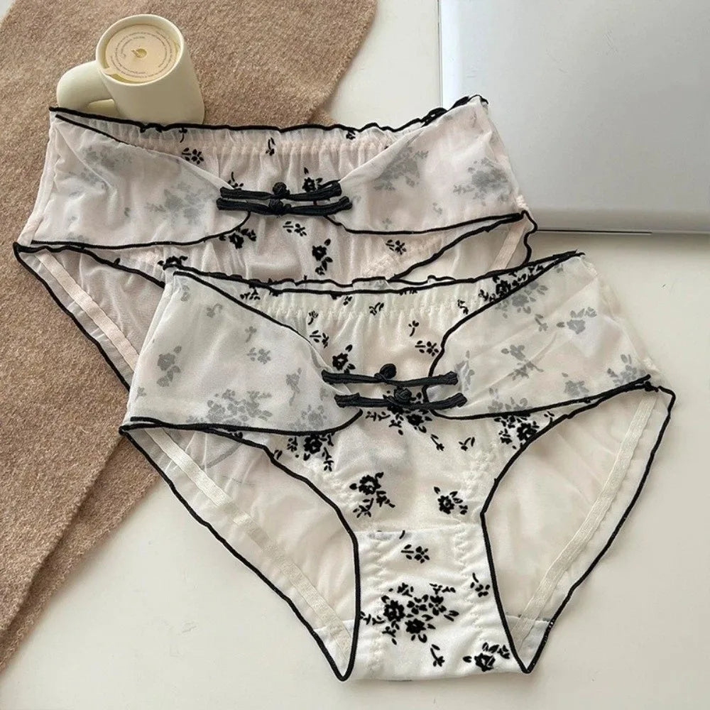 Lingerie Low Waist Women Underwear Ruffle Buckle Design Chinese Style Briefs Transparent Mesh Ice Silk Panties Retro Style