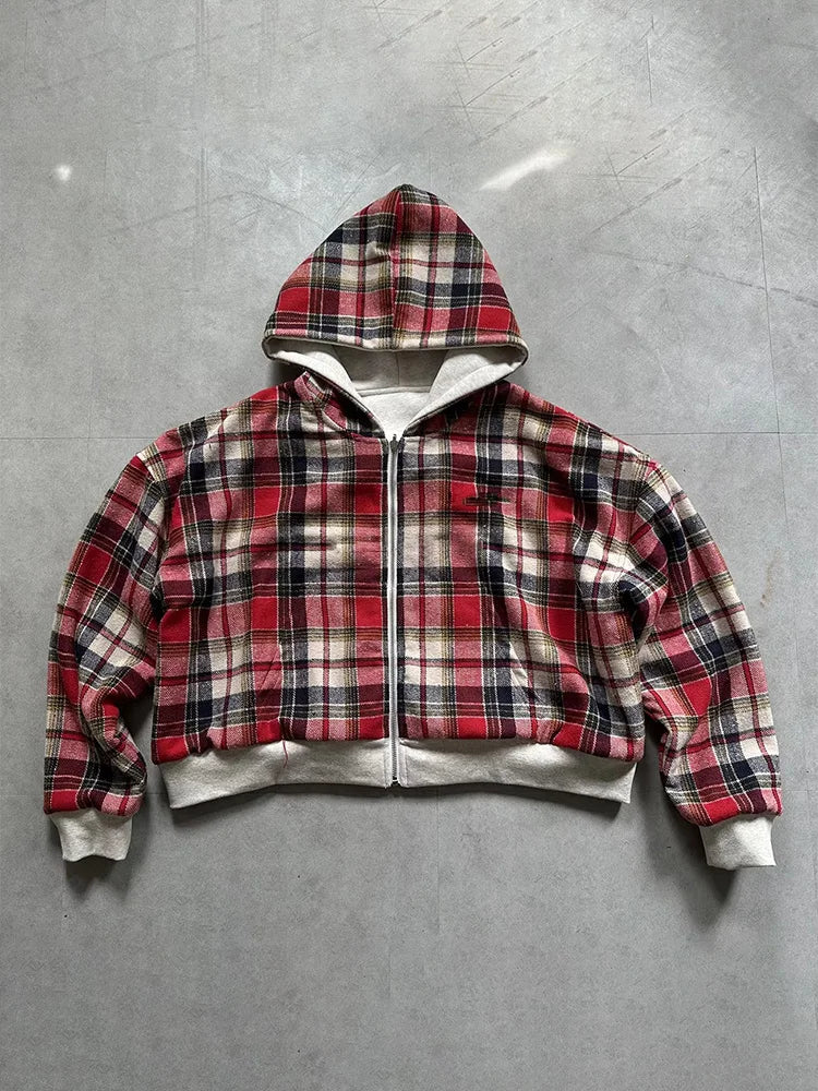 Winter Casual Plaid Print Hoodie Women's Warm Zip-Up Double-Sided Wear Sweatshirt Female Fashion Trendy Loose Hooded 2025 New
