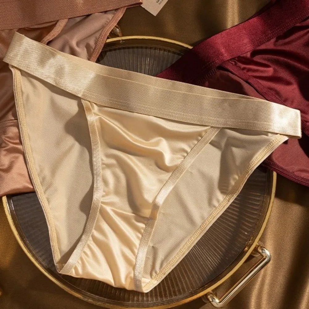 Lingerie Low Waist Satin Silk Briefs Solid Color Seamless Ice Silk Panties Cotton Crotch Underpants Women's Underwear Lady