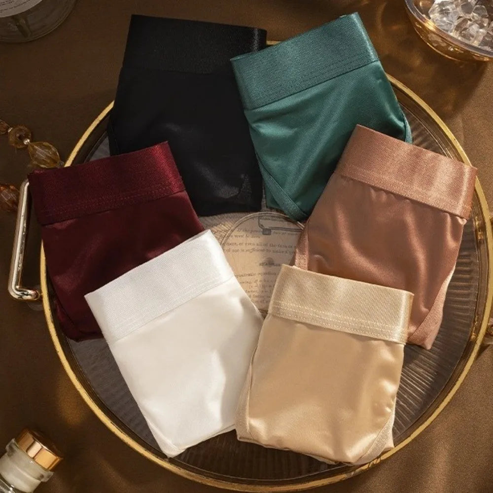 Lingerie Low Waist Satin Silk Briefs Solid Color Seamless Ice Silk Panties Cotton Crotch Underpants Women's Underwear Lady