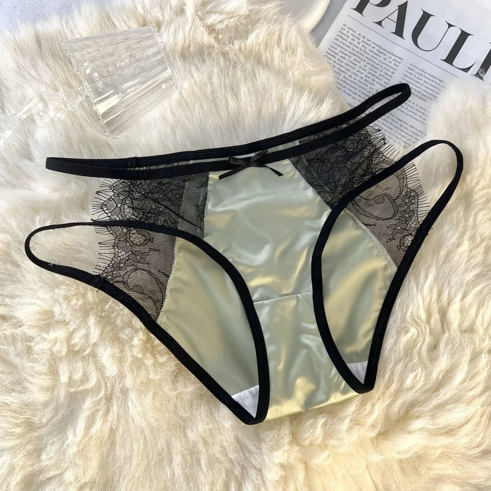 Lingerie Low Waist Underwear for Women Mesh Bow Sweet Lace Panties Transparent Hollow Satin Silk Briefs Lady