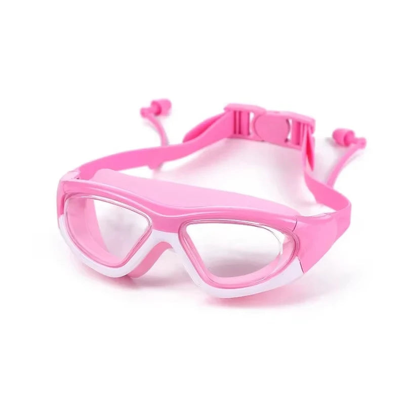 High-definition Children's Waterproof And Anti Fog Swimming Large Frame Glasses, Convenient Goggles Silicone Connected Earplugs