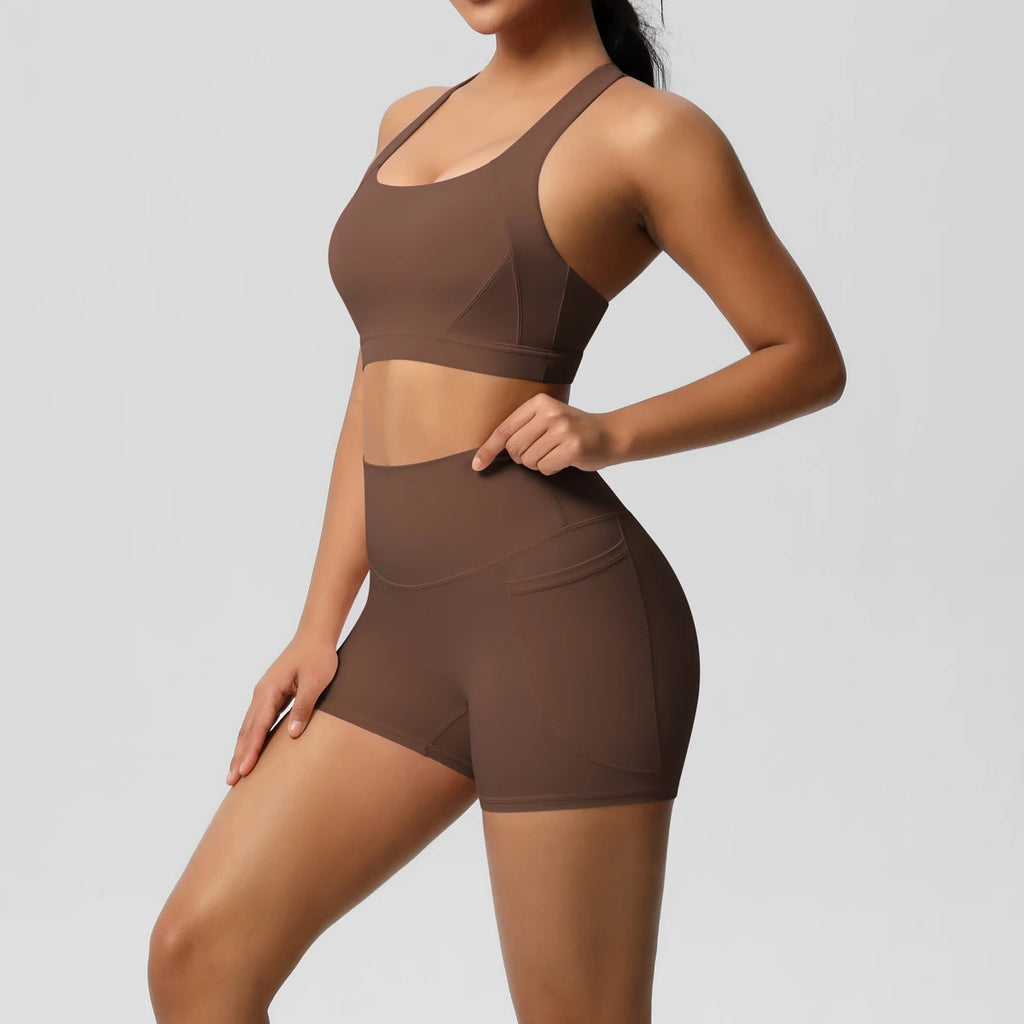 2PCS Sportswear With Pocketed Yoga Set Gym Clothes Yoga Suits For Women Tracksuits Sports Shorts Crossover Bra Gym Leggings