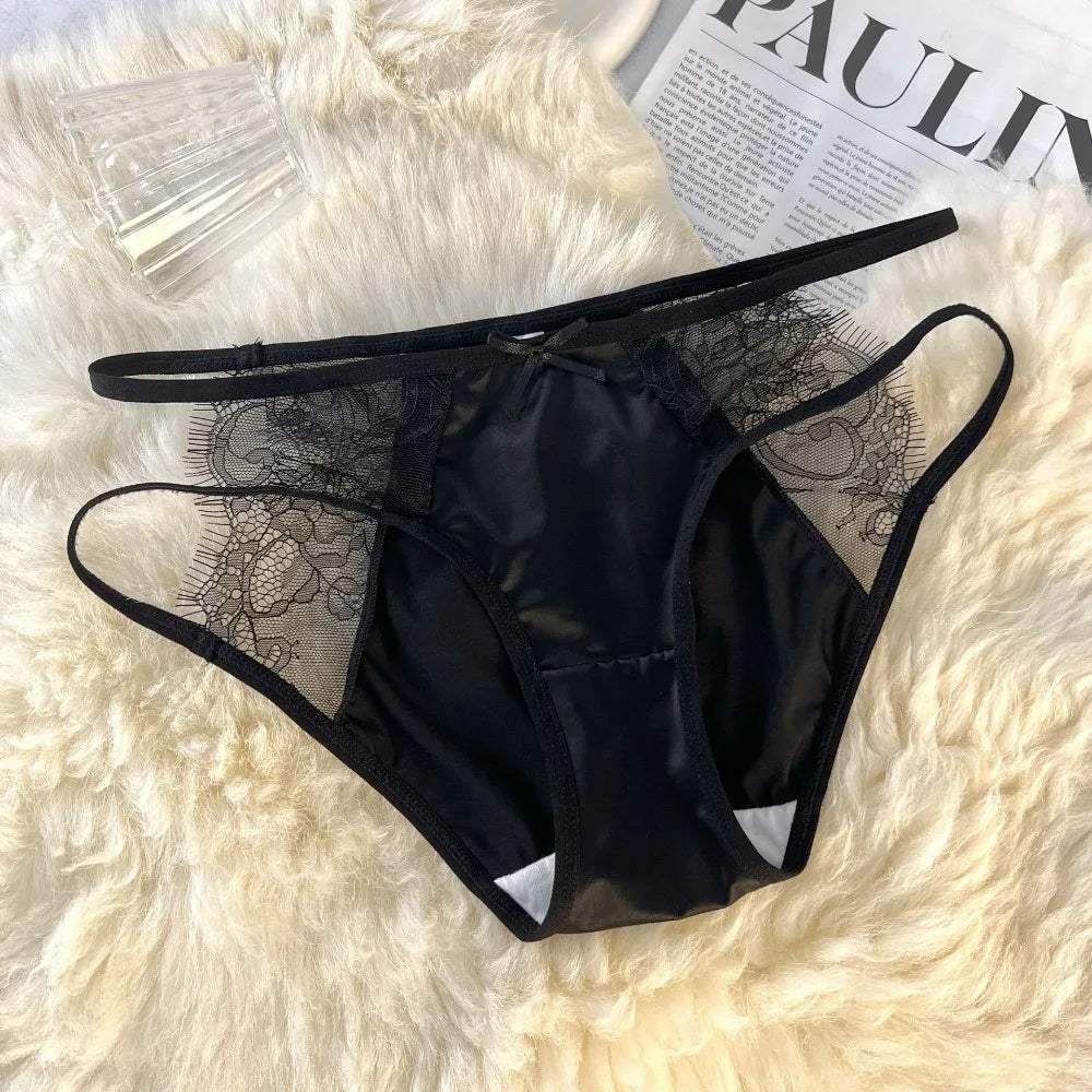 Lingerie Low Waist Underwear for Women Mesh Bow Sweet Lace Panties Transparent Hollow Satin Silk Briefs Lady