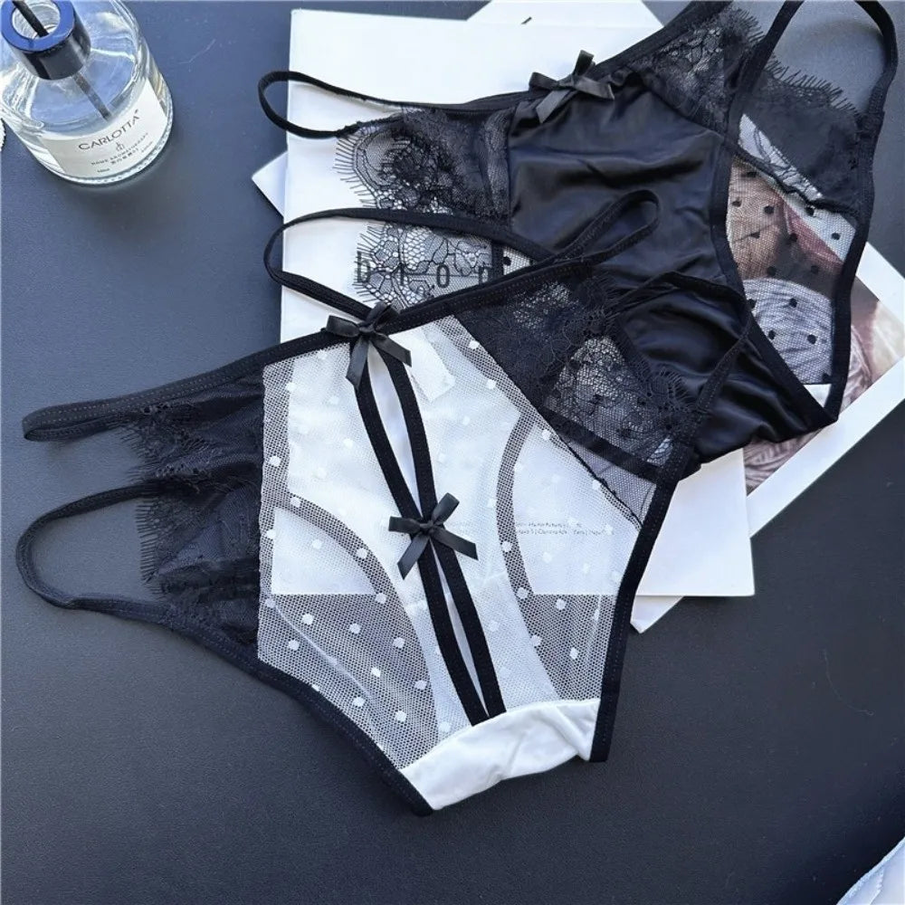 Lingerie Low Waist Underwear for Women Mesh Bow Sweet Lace Panties Transparent Hollow Satin Silk Briefs Lady