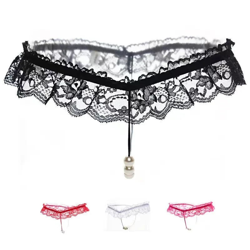 Lingeries Sexy G-String Women's Thongs Sexy Pearl Beaded Pantiesr for Women Low Waist T Shaped Crotchless Woman Lace Lingerie