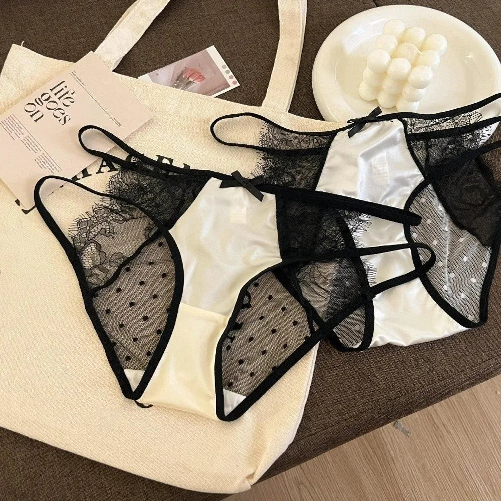 Lingerie Low Waist Underwear for Women Mesh Bow Sweet Lace Panties Transparent Hollow Satin Silk Briefs Lady
