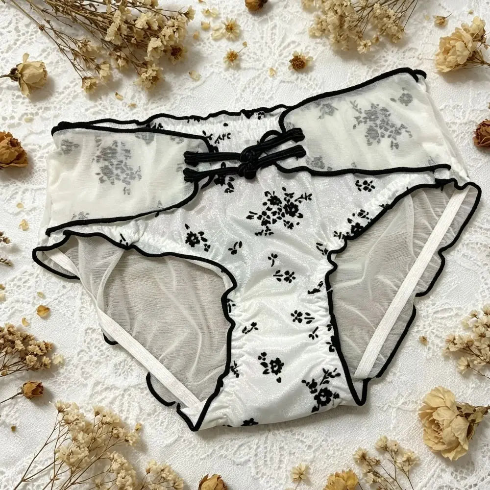 Lingerie Low Waist Women Underwear Ruffle Buckle Design Chinese Style Briefs Transparent Mesh Ice Silk Panties Retro Style