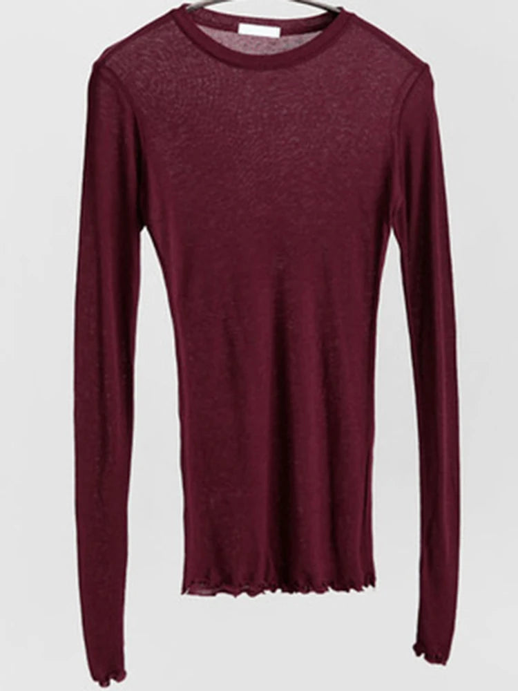 High Quality Plain T Shirt Women  Elastic Basic T-shirts Female Casual Tops Long Sleeve Sexy Thin T-shirt see through