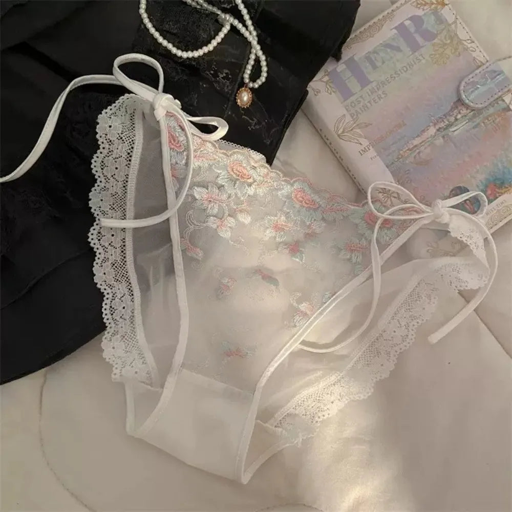 Lingerie Low Waist Embroidery Flower Panties Cotton Crotch Sweet Mesh Lace Briefs Transparent Underwear for Women Lady