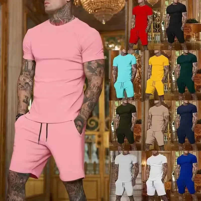 2025 Fashionable and casual summer outdoor sports suit men's breathable T-shirt shorts casual and fashionable two-piece set