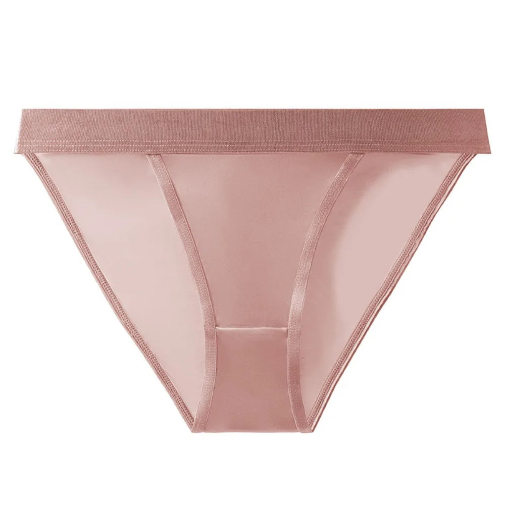 Lingerie Low Waist Satin Silk Briefs Solid Color Seamless Ice Silk Panties Cotton Crotch Underpants Women's Underwear Lady