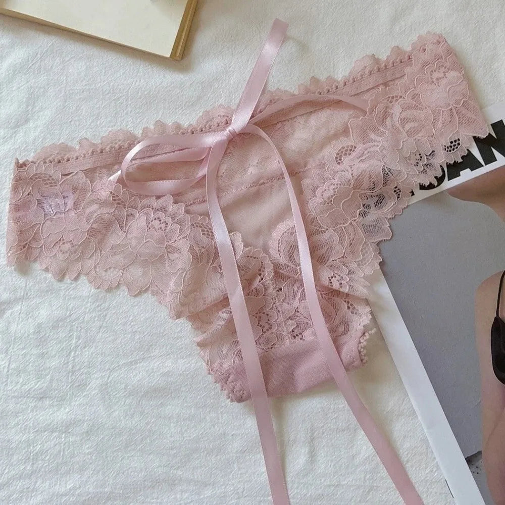 Lingerie Bow Lace Flower Panties Seamless Low Waist Lace Mesh Briefs Transparent Lace-up Briefs Girl
