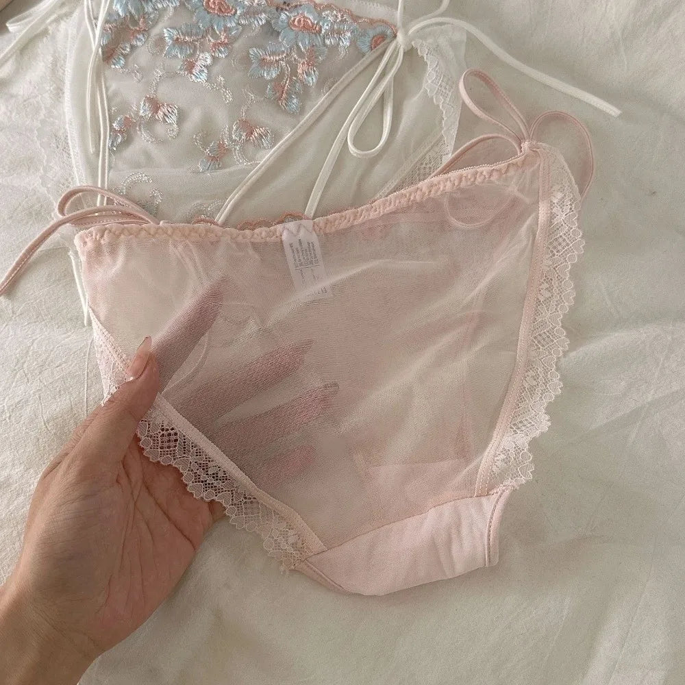 Lingerie Low Waist Embroidery Flower Panties Cotton Crotch Sweet Mesh Lace Briefs Transparent Underwear for Women Lady