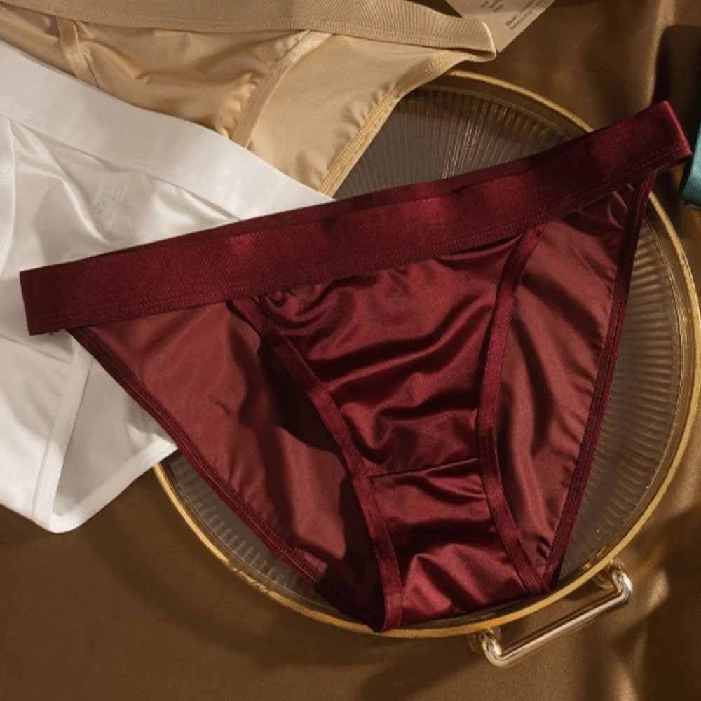 Lingerie Low Waist Satin Silk Briefs Solid Color Seamless Ice Silk Panties Cotton Crotch Underpants Women's Underwear Lady