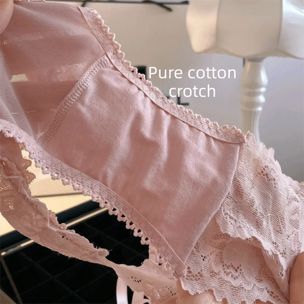Lingerie Bow Lace Flower Panties Seamless Low Waist Lace Mesh Briefs Transparent Lace-up Briefs Girl