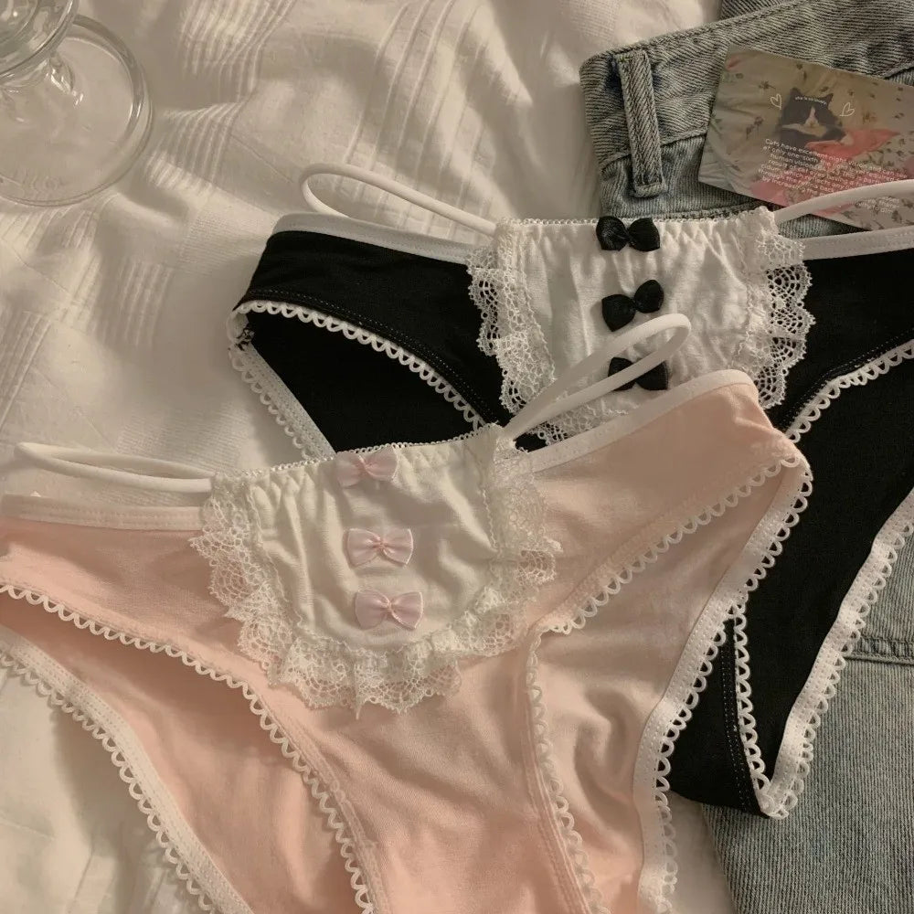 Lingerie Bow Lace Flower Panties Transparent Seamless Lace Mesh Briefs Hollow Mid Waist French Style Briefs Gifts