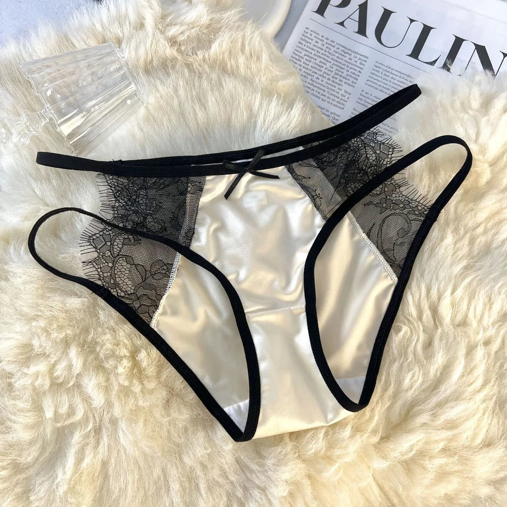 Lingerie Low Waist Underwear for Women Mesh Bow Sweet Lace Panties Transparent Hollow Satin Silk Briefs Lady
