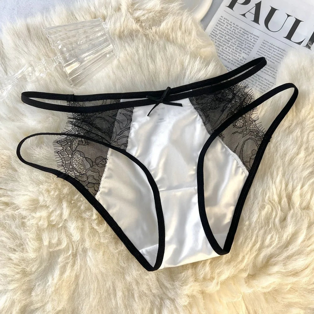 Lingerie Low Waist Underwear for Women Mesh Bow Sweet Lace Panties Transparent Hollow Satin Silk Briefs Lady