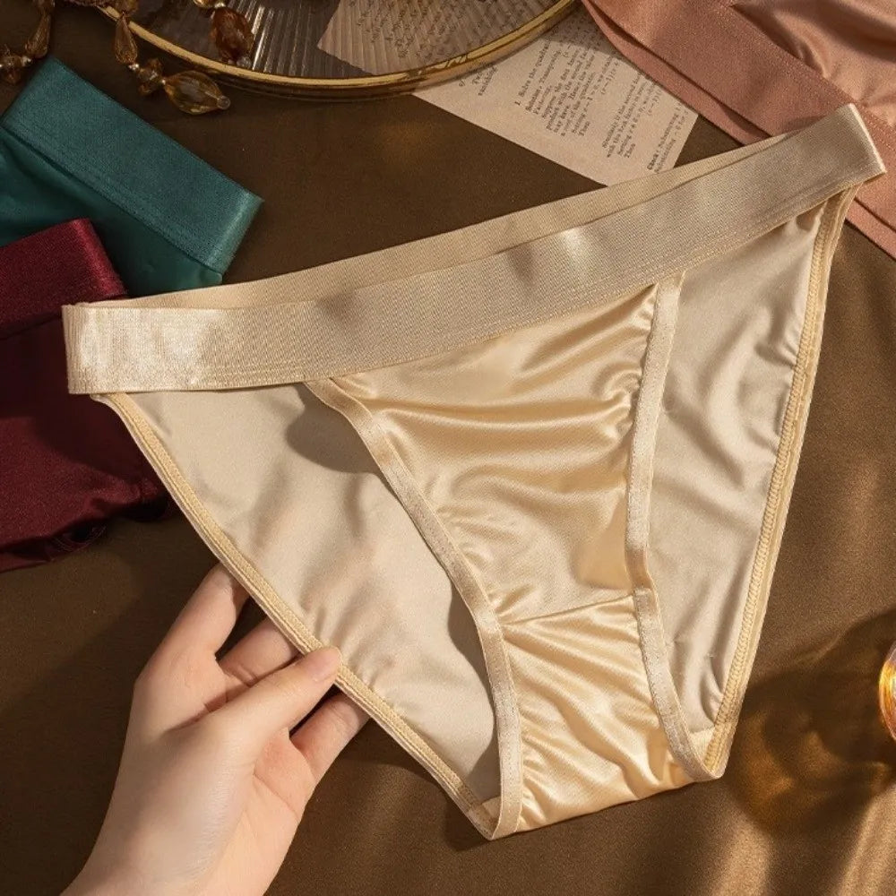 Lingerie Low Waist Satin Silk Briefs Solid Color Seamless Ice Silk Panties Cotton Crotch Underpants Women's Underwear Lady