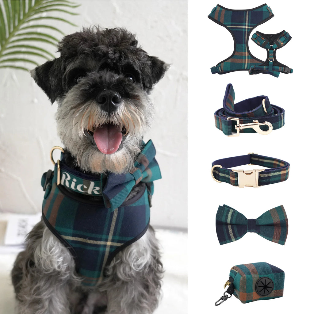 Tweed Tartan Dog Collar Bow Tie Leash Matching Harness,Poo Bag,Coat Pet Accessories