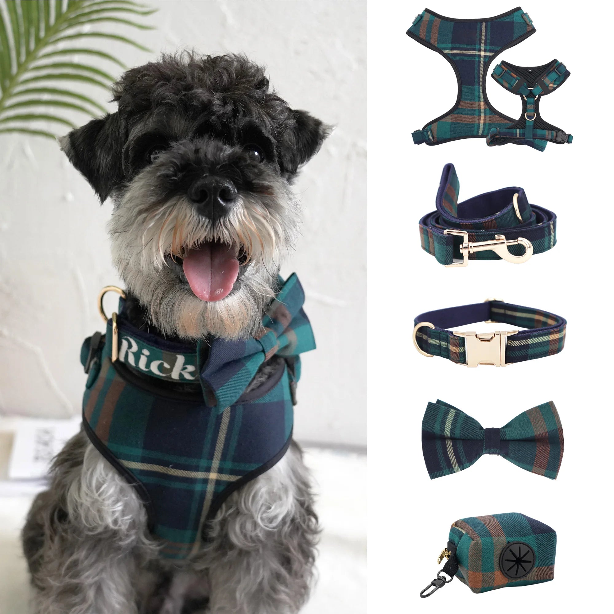 Tweed Tartan Dog Collar Bow Tie Leash Matching Harness,Poo Bag,Coat Pet Accessories
