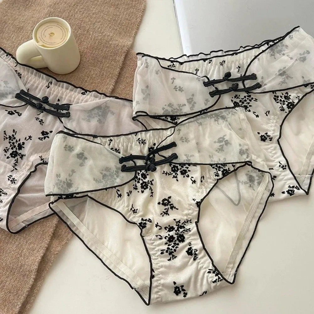 Lingerie Low Waist Women Underwear Ruffle Buckle Design Chinese Style Briefs Transparent Mesh Ice Silk Panties Retro Style