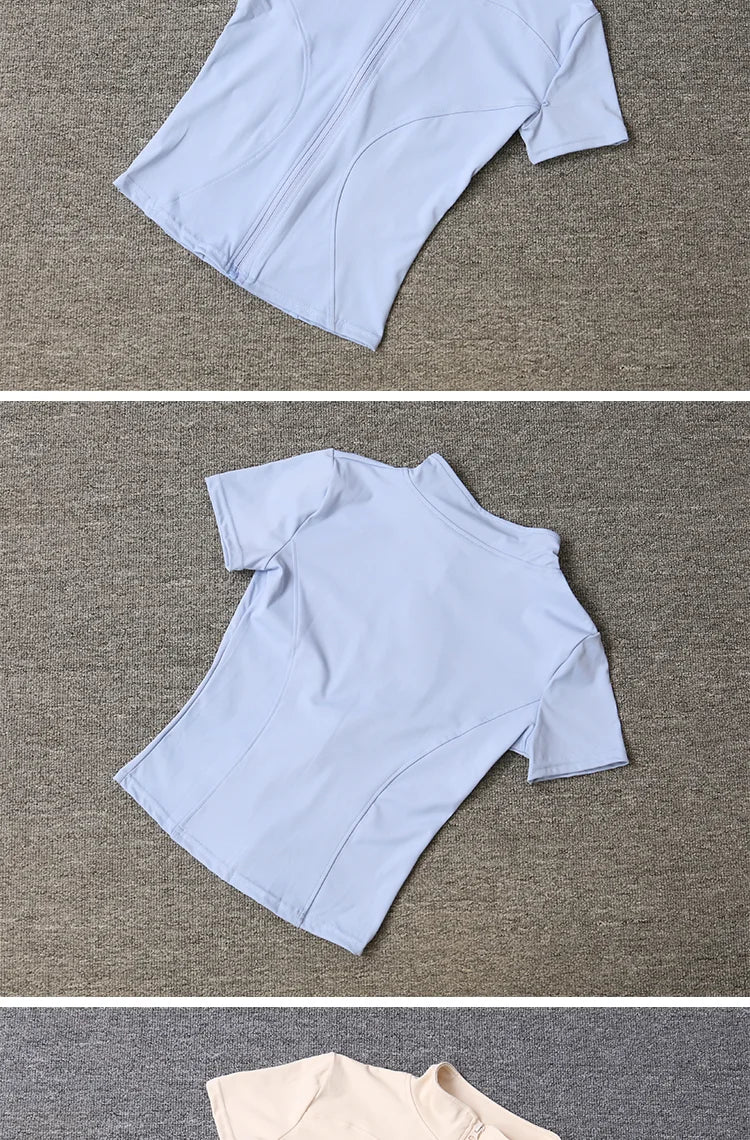 Summer High Quality Waist Slimming Training Tops Women's Quick-drying Tight Stand Collar Full Zipper Short Sleeves Yoga shirts