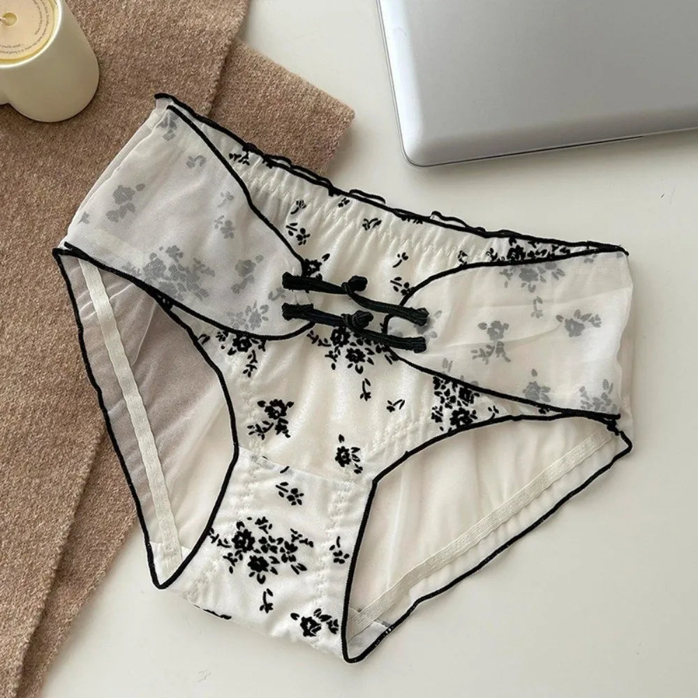 Lingerie Low Waist Women Underwear Ruffle Buckle Design Chinese Style Briefs Transparent Mesh Ice Silk Panties Retro Style