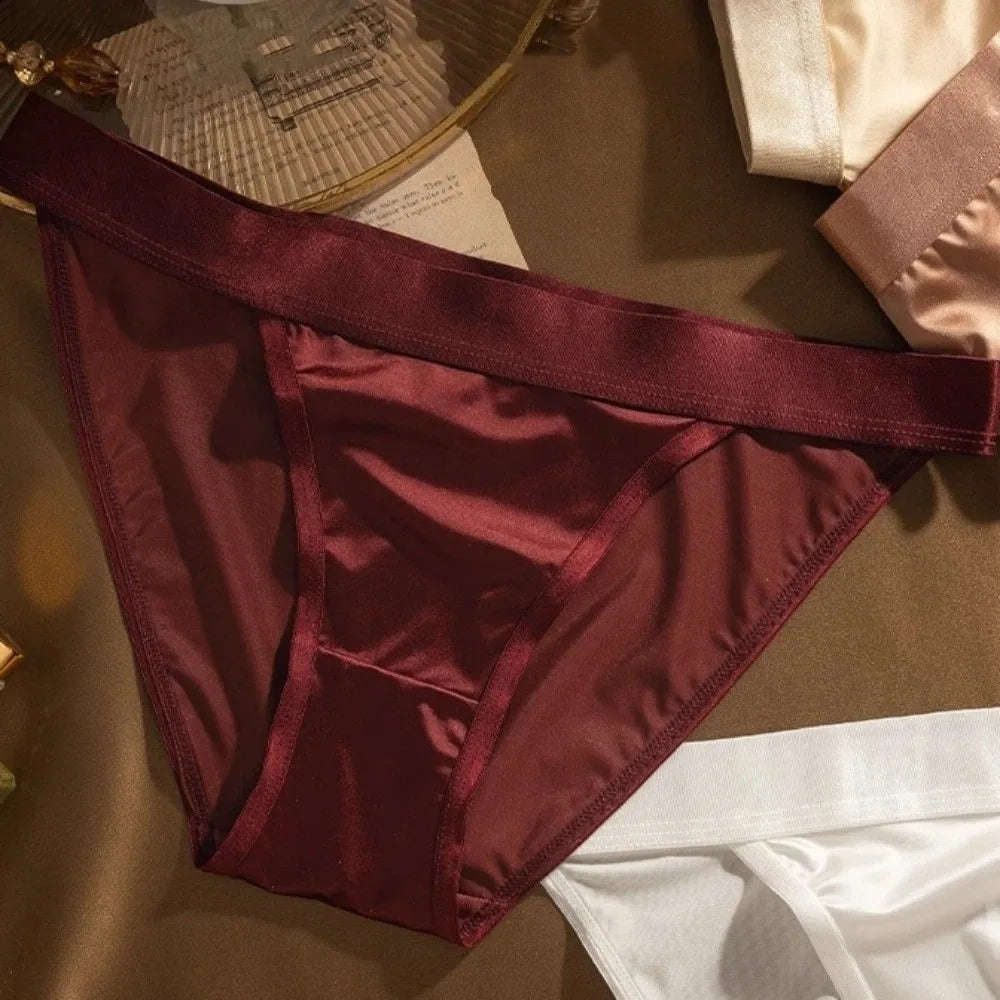Lingerie Low Waist Satin Silk Briefs Solid Color Seamless Ice Silk Panties Cotton Crotch Underpants Women's Underwear Lady