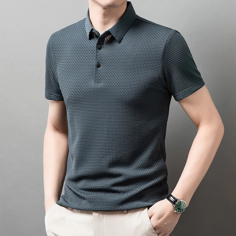 New Men's Business Casual Short Sleeved Bone Flower Solid Color POLO Shirt Fashion Breathable Comfortable Summer Versatile Top