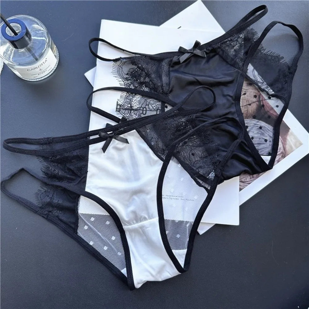 Lingerie Low Waist Underwear for Women Mesh Bow Sweet Lace Panties Transparent Hollow Satin Silk Briefs Lady