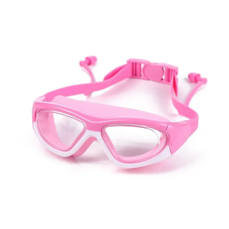 High-definition Children's Waterproof And Anti Fog Swimming Large Frame Glasses, Convenient Goggles Silicone Connected Earplugs