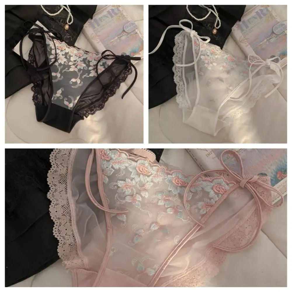 Lingerie Low Waist Embroidery Flower Panties Cotton Crotch Sweet Underwear for Women Transparent Lace-up Underwear Lady