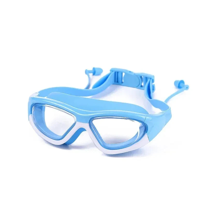 High-definition Children's Waterproof And Anti Fog Swimming Large Frame Glasses, Convenient Goggles Silicone Connected Earplugs