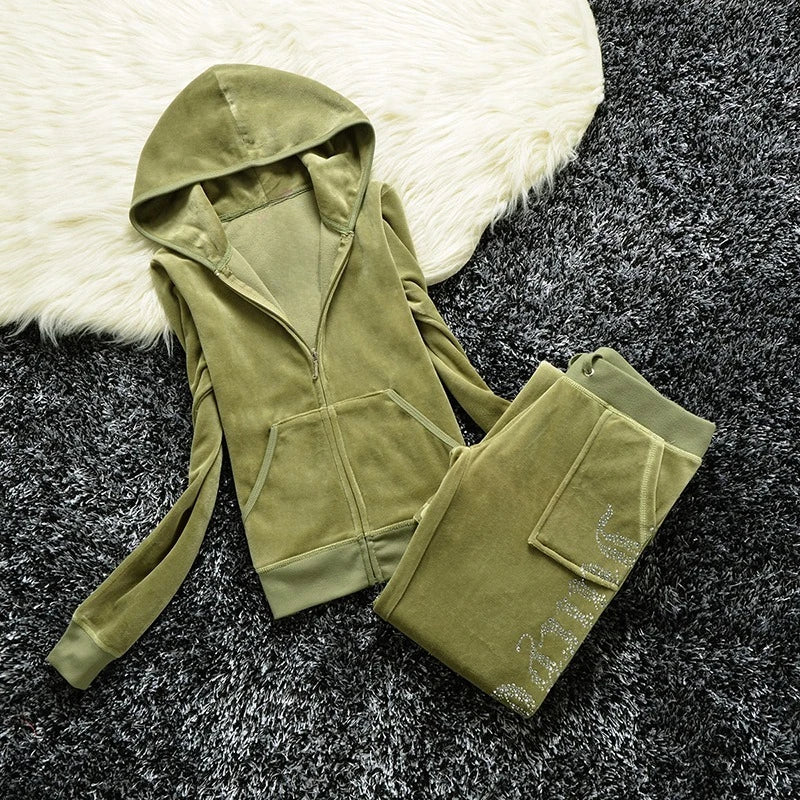 2 Pieces of Women's Outfit 2025 Fall Winter Women's Tracksuit Crystal Hoodies and Pant Sets Y2K Velvet Tracksuit