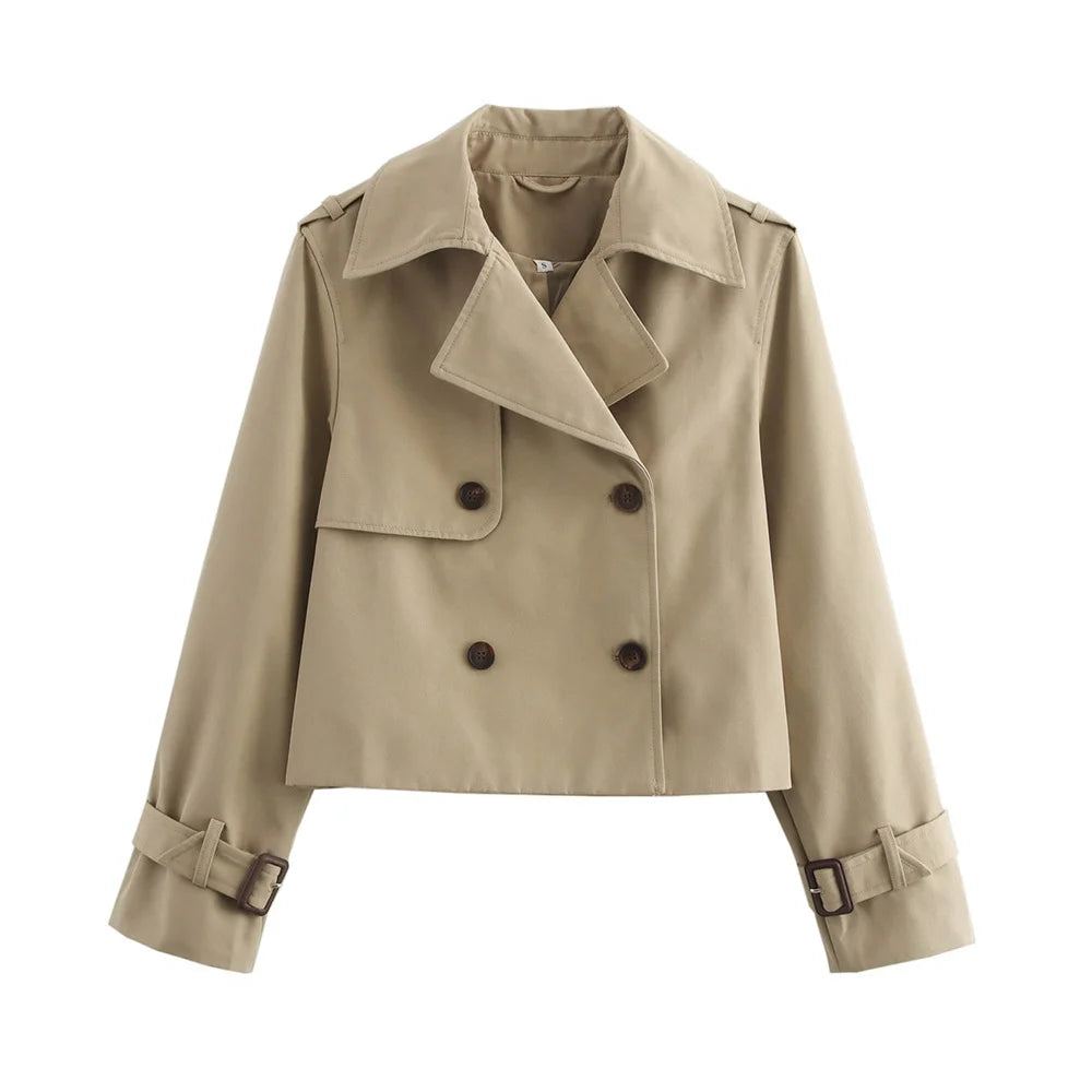 Ladies Vintage Cropped Trench Spring Autumn Jacket Women Streetwear Double Breasted Long Sleeve Top Female Chic Coat Outfits