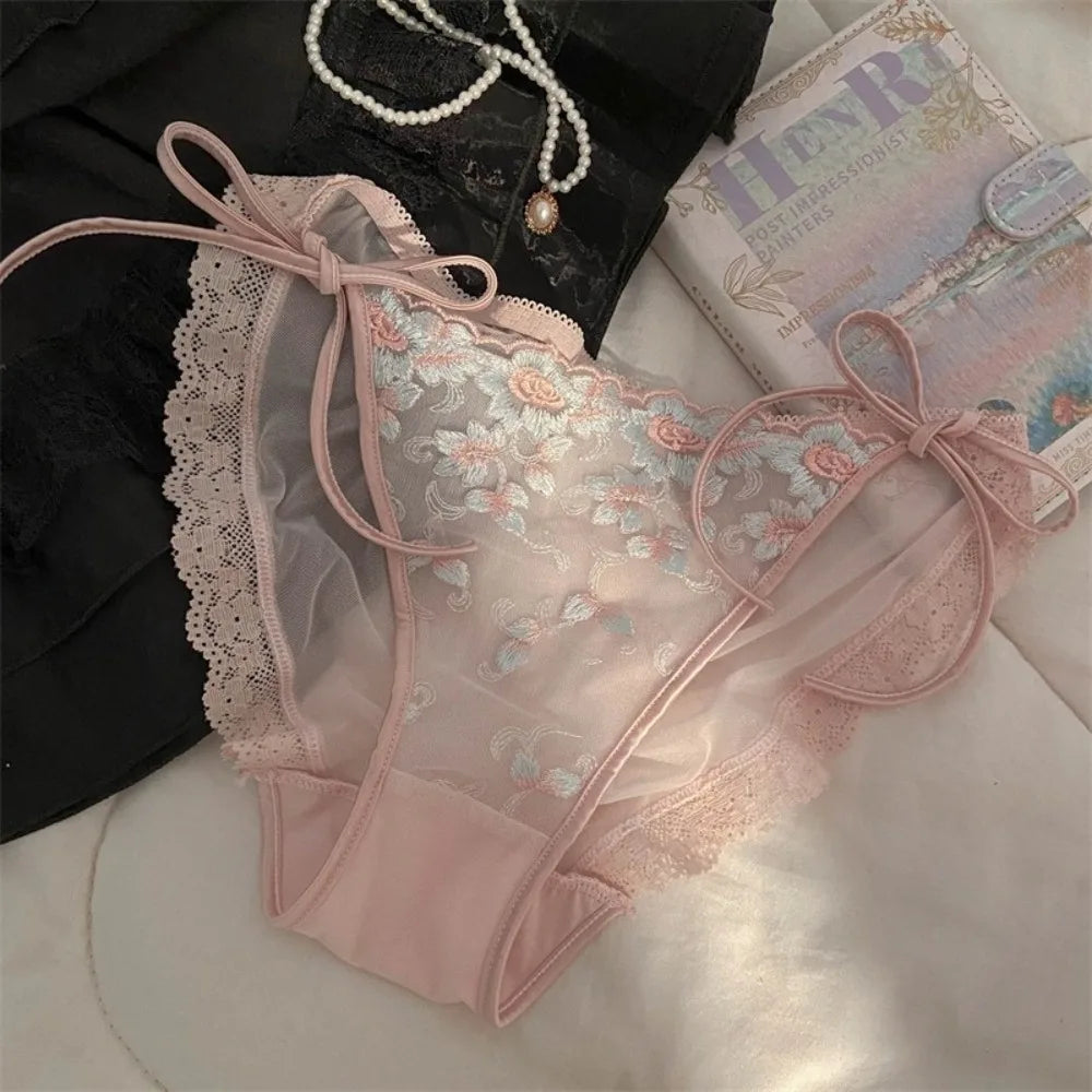 Lingerie Low Waist Embroidery Flower Panties Cotton Crotch Sweet Mesh Lace Briefs Transparent Underwear for Women Lady