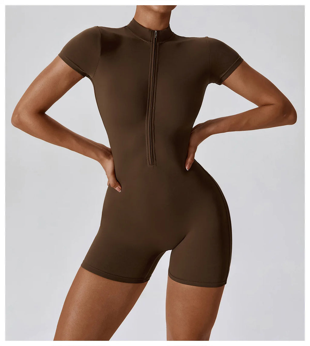 Summer Zipper Jumpsuits Short Sleeve Yoga Bodysuit Women's Yoga Set Gym Tracksuit Push-up Workout Clothes Dance Fitness Bodysuit
