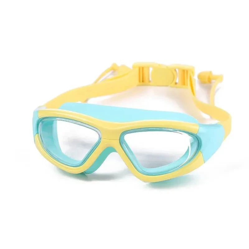 High-definition Children's Waterproof And Anti Fog Swimming Large Frame Glasses, Convenient Goggles Silicone Connected Earplugs