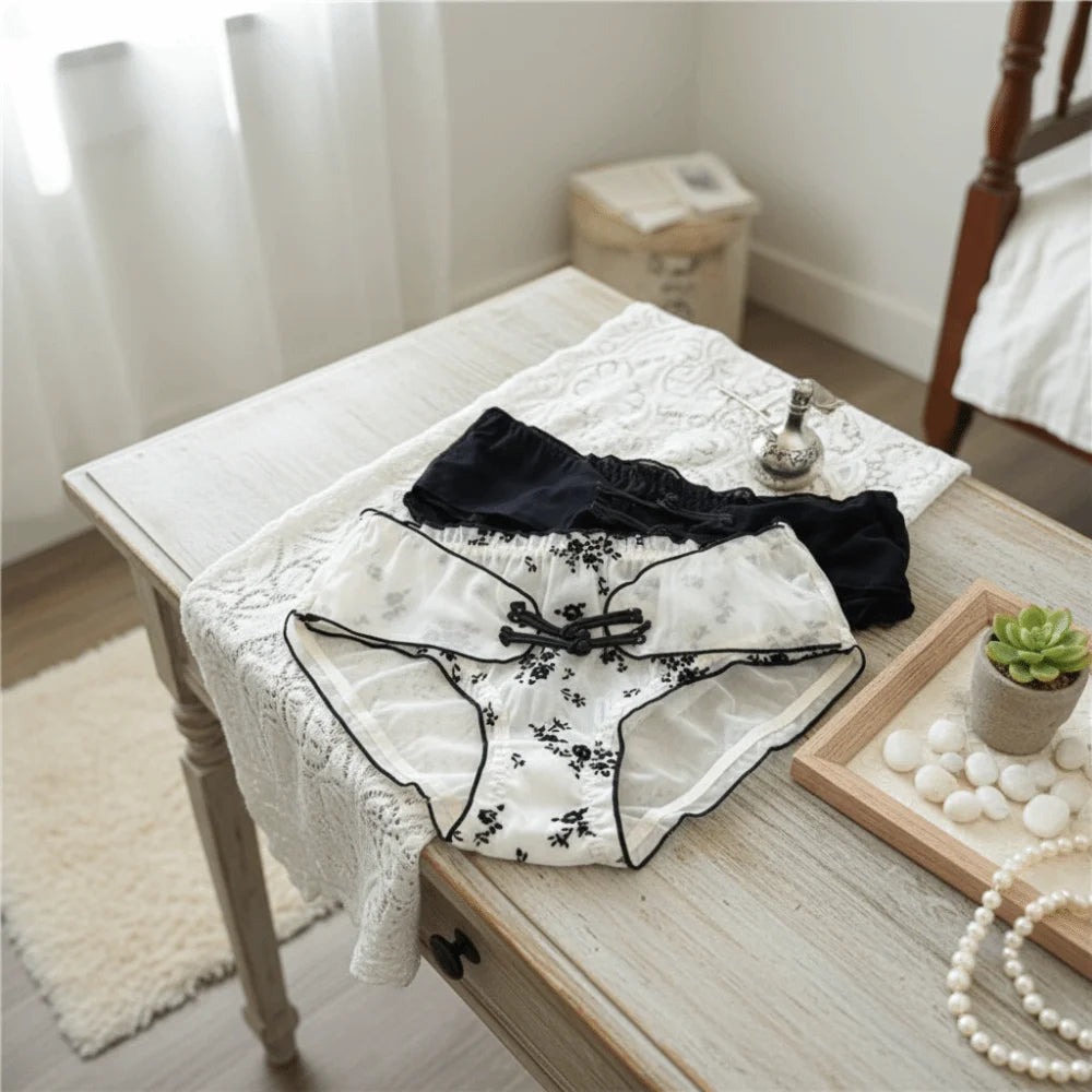 Lingerie Low Waist Women Underwear Ruffle Buckle Design Chinese Style Briefs Transparent Mesh Ice Silk Panties Retro Style