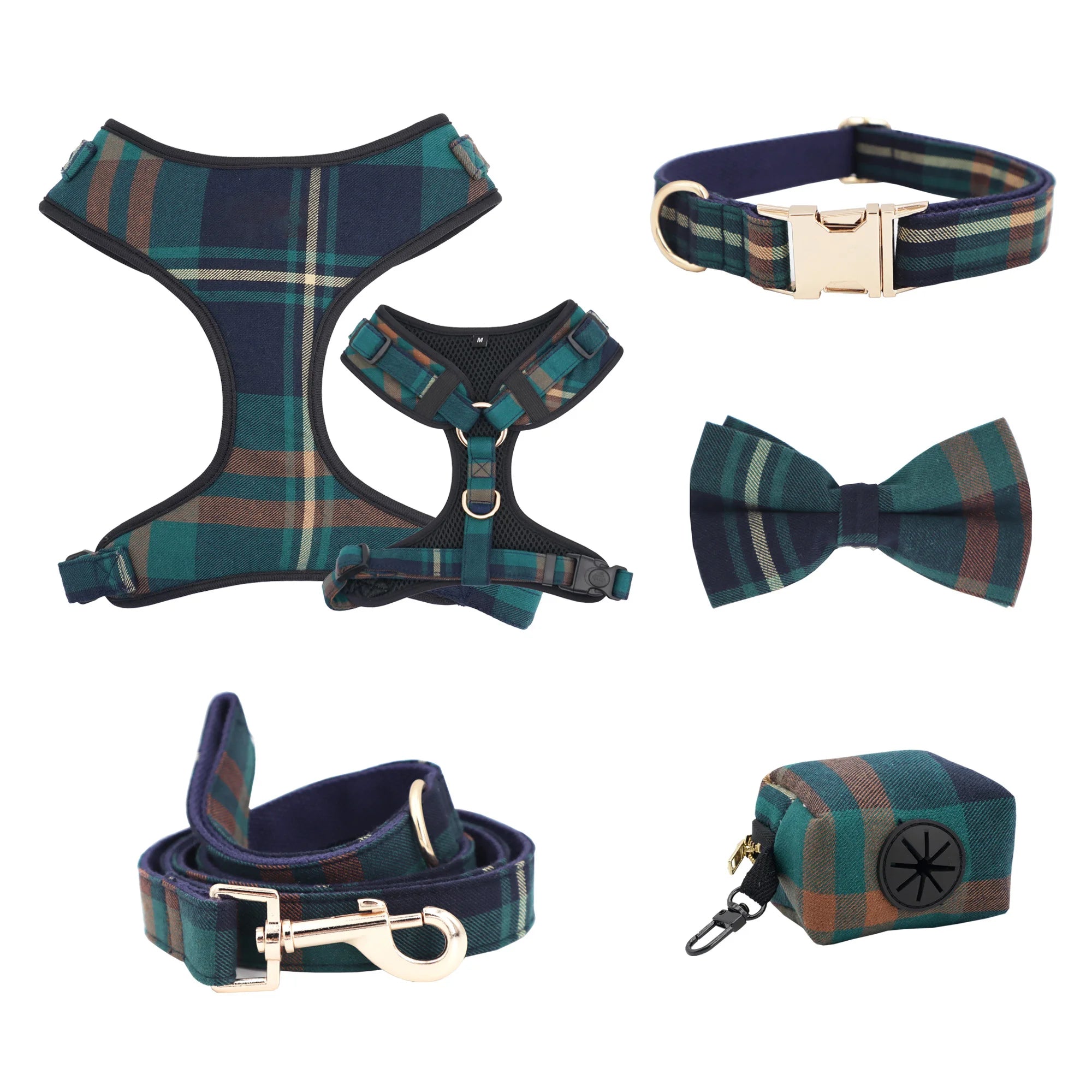 Tweed Tartan Dog Collar Bow Tie Leash Matching Harness,Poo Bag,Coat Pet Accessories