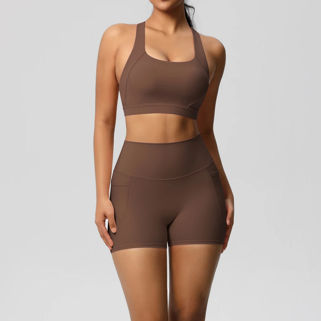 2PCS Sportswear With Pocketed Yoga Set Gym Clothes Yoga Suits For Women Tracksuits Sports Shorts Crossover Bra Gym Leggings