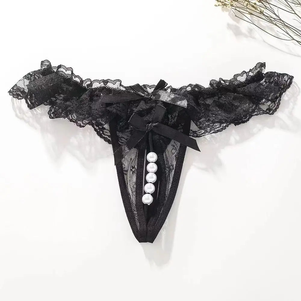 Lingeries Sexy G-String Women's Thongs Sexy Pearl Beaded Pantiesr for Women Low Waist T Shaped Crotchless Woman Lace Lingerie