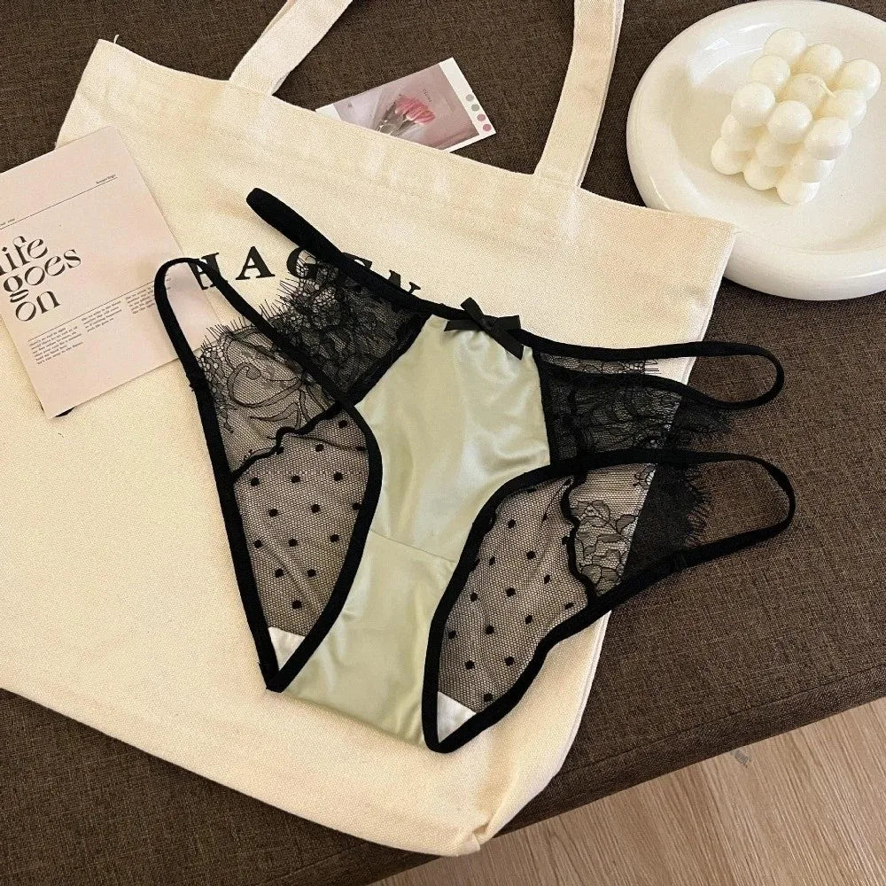 Lingerie Low Waist Underwear for Women Mesh Bow Sweet Lace Panties Transparent Hollow Satin Silk Briefs Lady