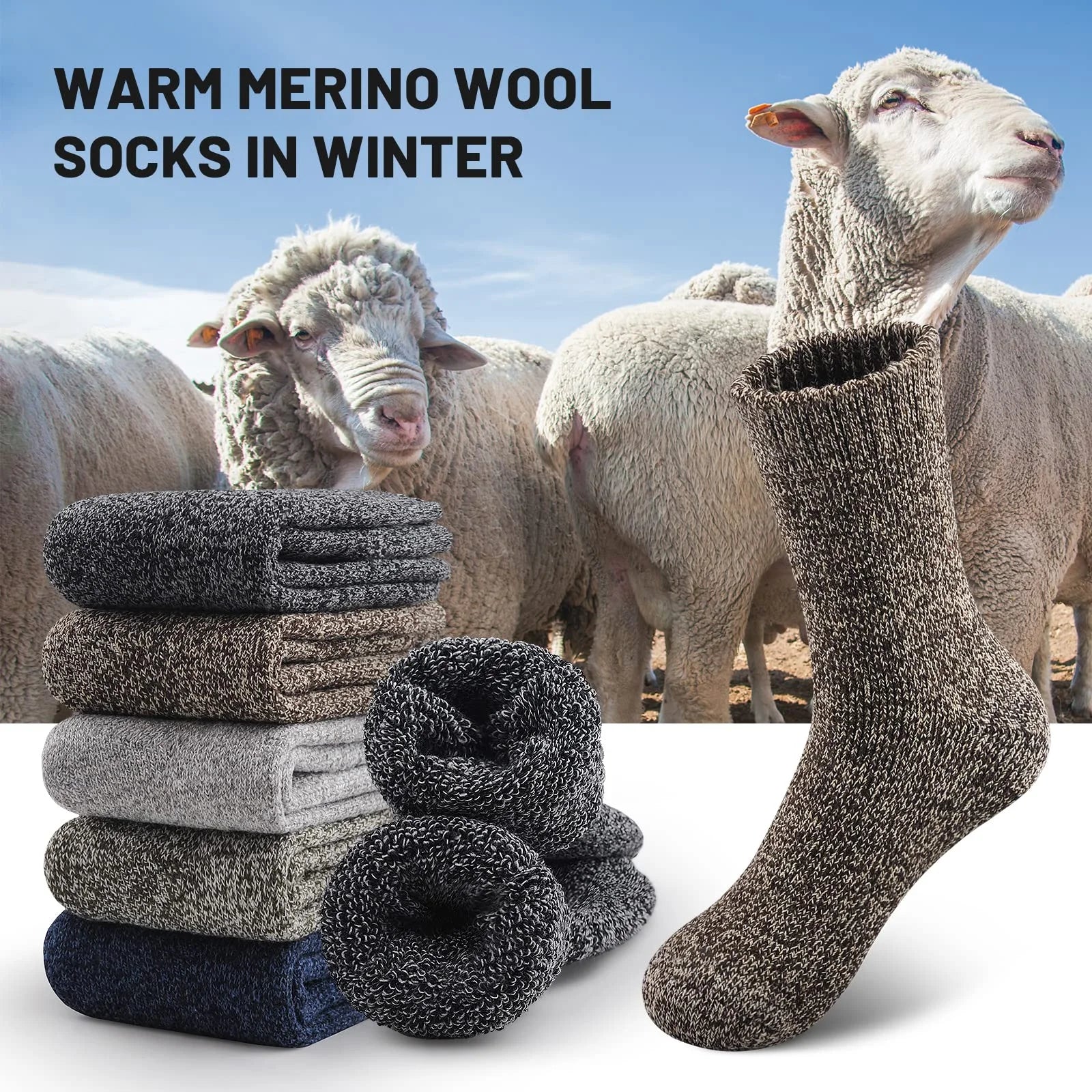 3 Pairs Winter Thick Warm Men’s Wool Socks Outdoor Thermal Cold-Resistant Sports Hiking Snow Socks Gift Size 39-44
