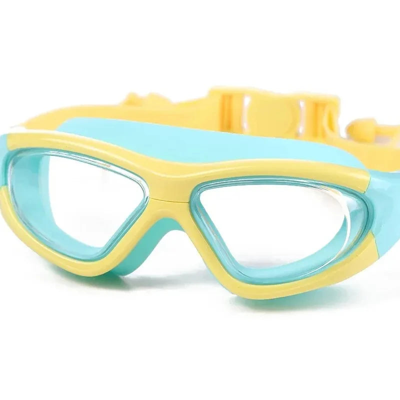 High-definition Children's Waterproof And Anti Fog Swimming Large Frame Glasses, Convenient Goggles Silicone Connected Earplugs